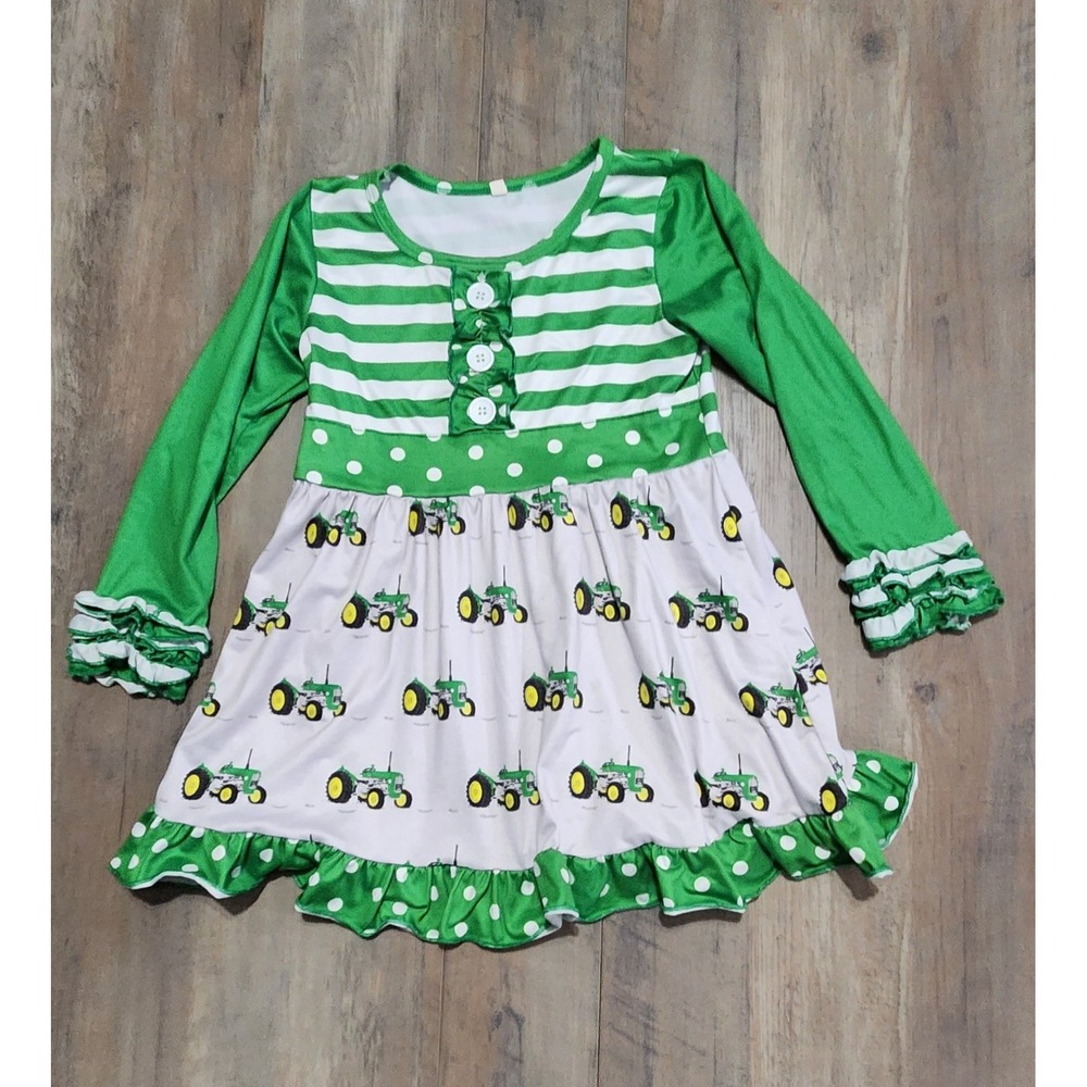 John Deere Tractors Girls Green & White Long Sleeve Dress With Ruffles Size 6-7T